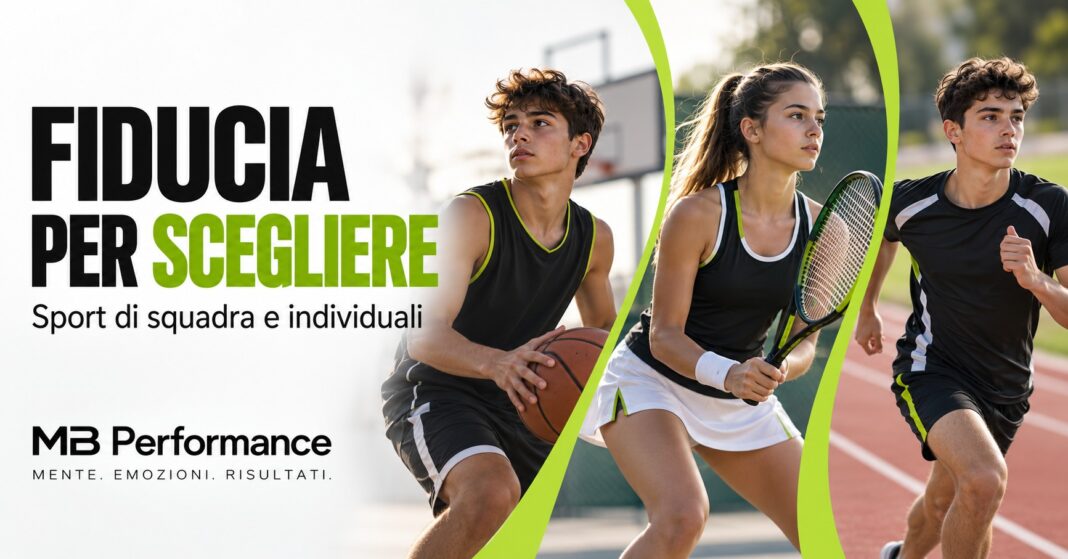 Tre adolescenti immaginari praticano basket, tennis e running. MB Performance: fiducia per scegliere.